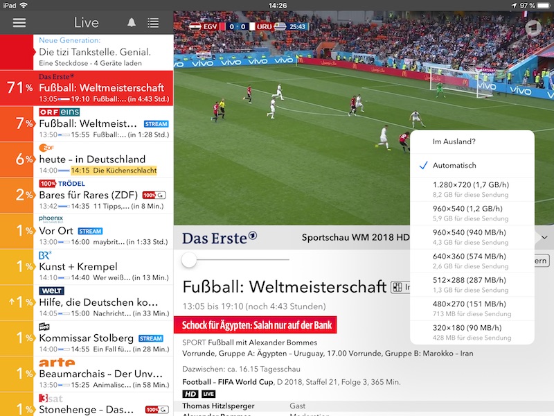 Screenshot Live Tv App Qualität einstellen