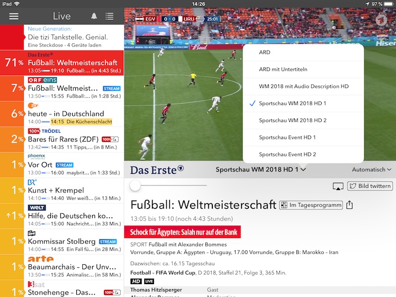 Screenshot Live TV App verschiedene Fußball WM Streams