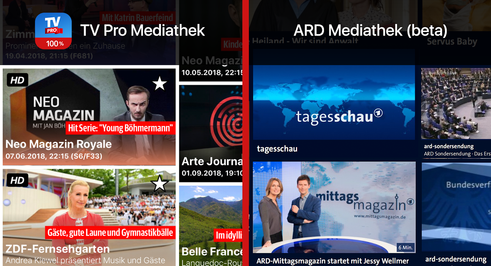 TV Pro Mediathek gegen ARD Mediathek Sender