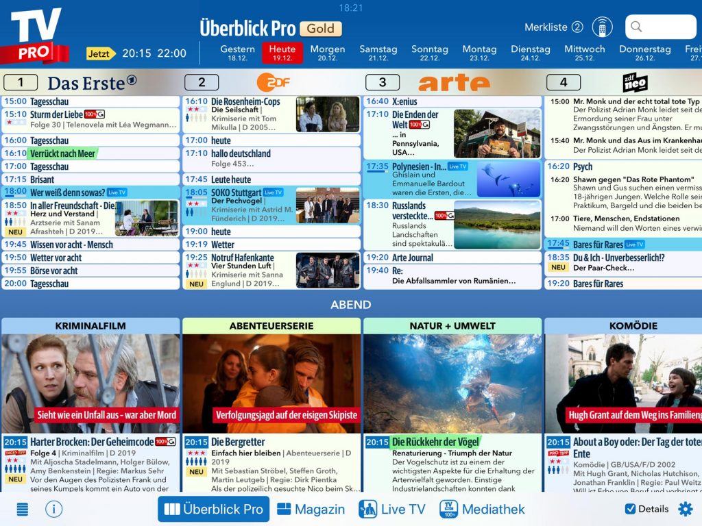 TV Pro Überblick Pro Tagesblick – Programmübersicht für ARD, ZDF, Arte und weitere Sender mit Symbol-Erklärungen zu Live TV, Mediathek und Erstausstrahlung