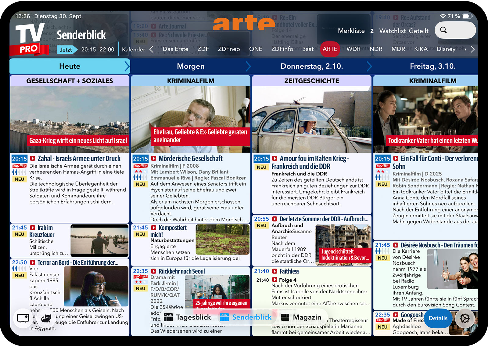 TV Pro Tipps & Tricks – Senderblick und Überblick Pro – Programmübersicht für ARD, ZDF, Arte und weitere Sender mit Live TV Symbolen und Mediathek