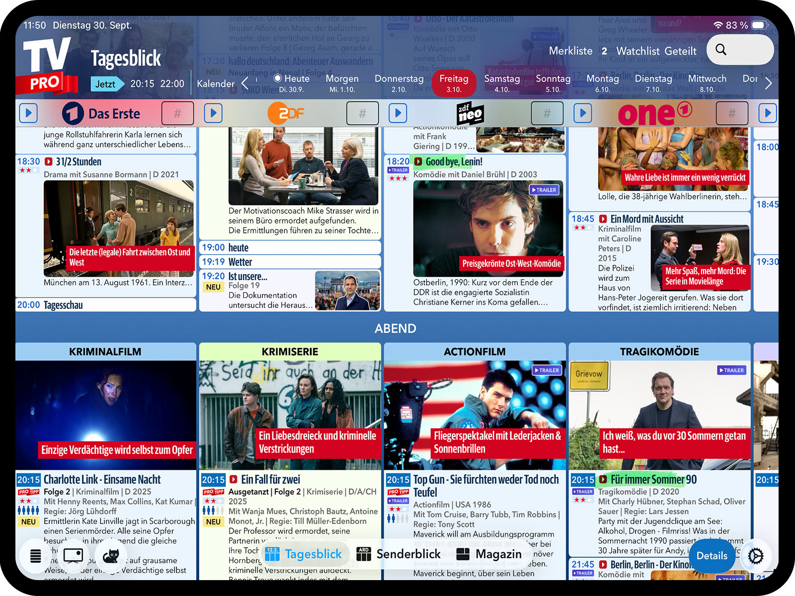 TV Pro Überblick Pro Tagesblick – Programmübersicht für ARD, ZDF, Arte und weitere Sender mit Symbol-Erklärungen zu Live TV, Mediathek und Erstausstrahlung
