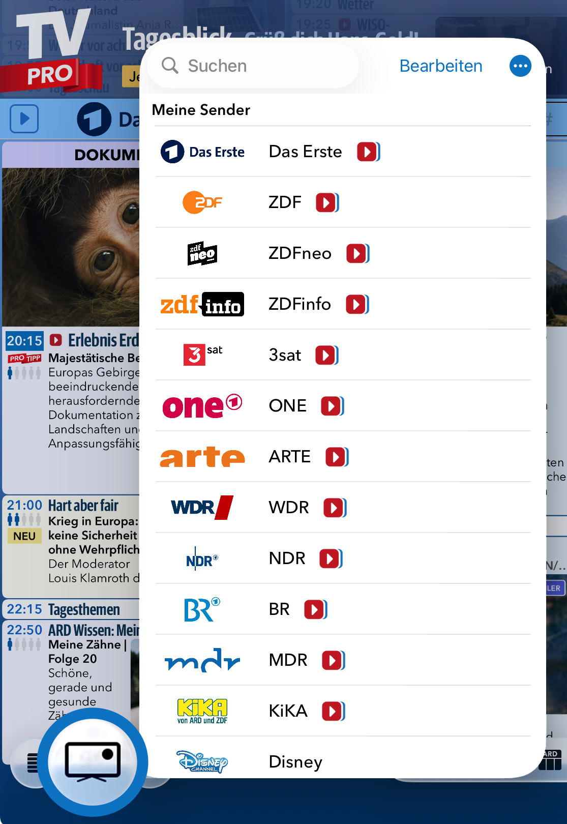 Tippe auf das TV-Symbol für deine Senderliste