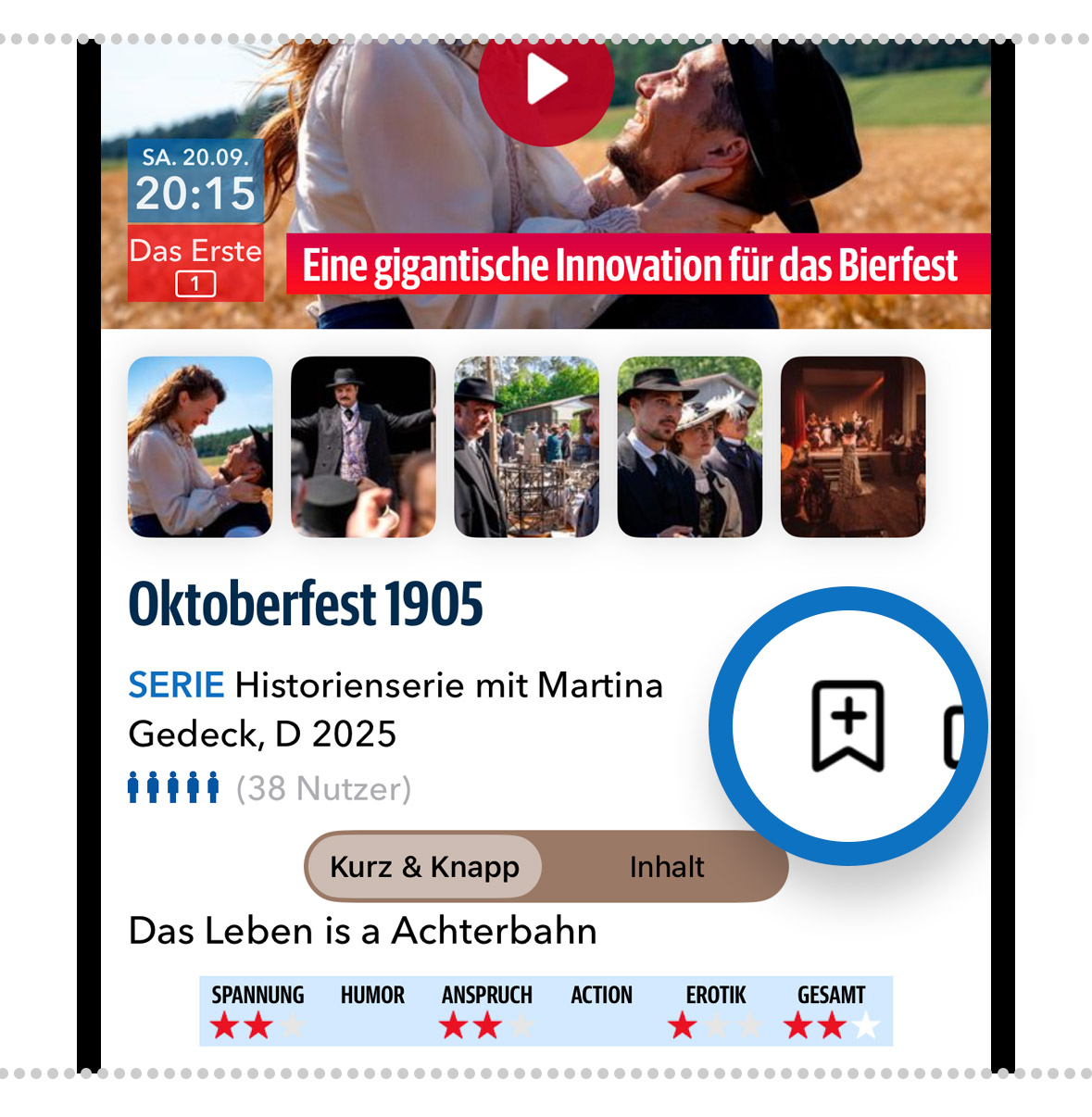Eine Sendung in TV Pro vormerken geht ganz einfach mit einem Tipp auf das Plus-Symbol